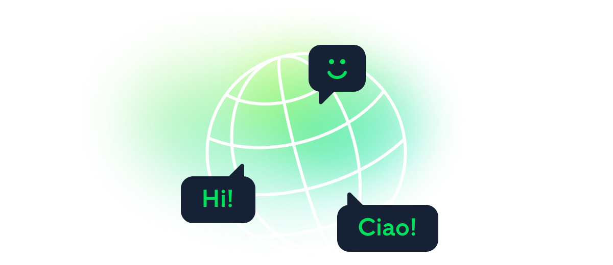 Language selector dropdown with globe icon and list of available languages.
